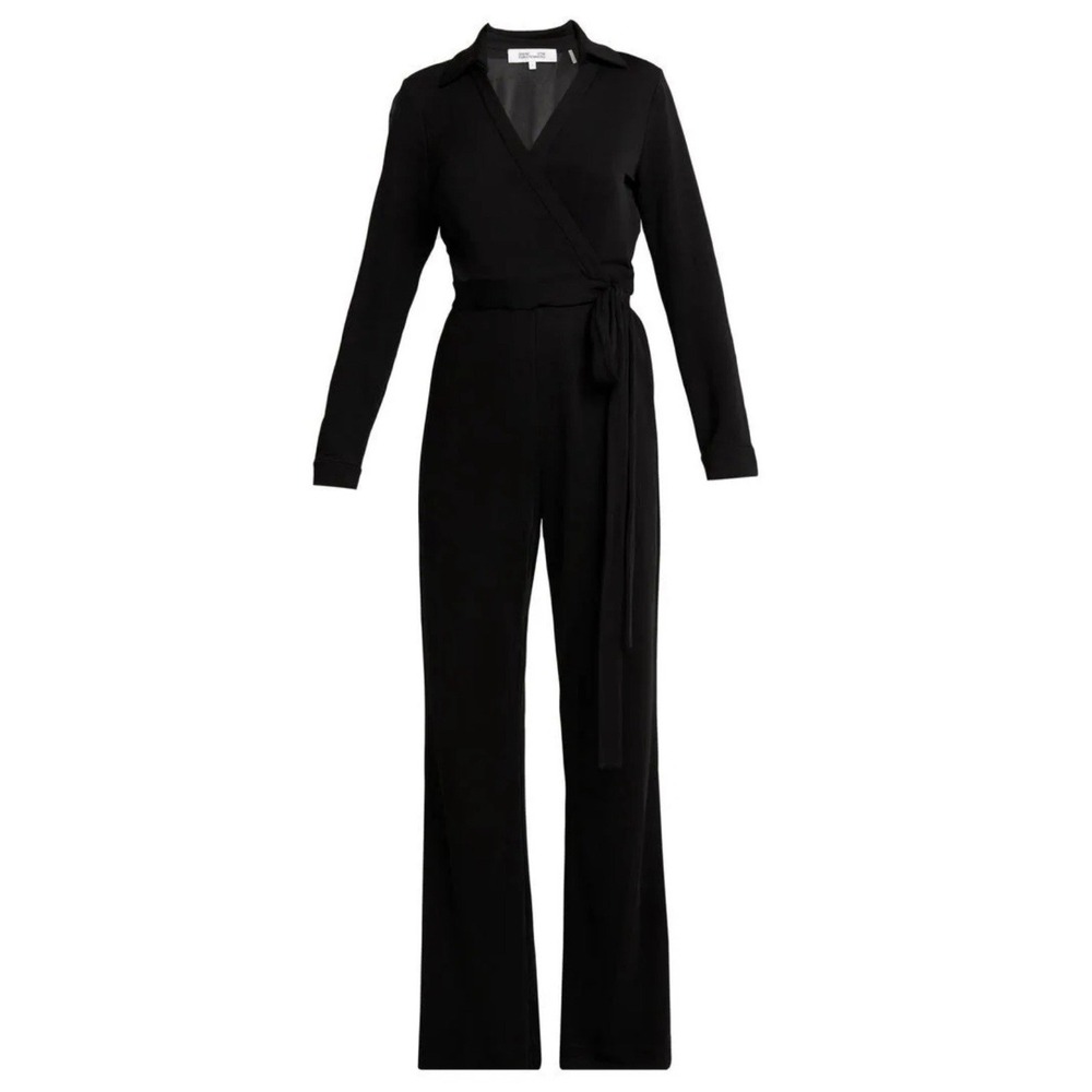 Diane Von Furstenberg Margot Wrap Jumpsuit Wide Leg 6 Medium Black Crepe